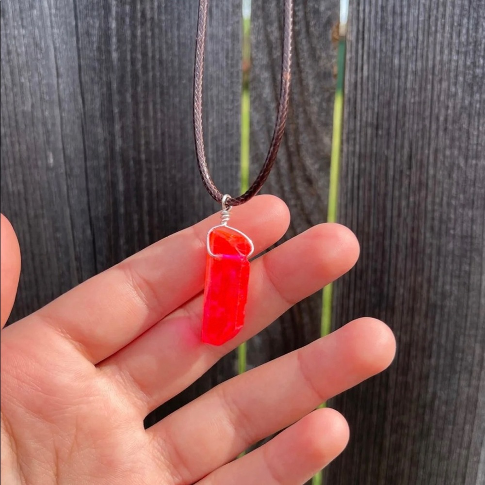 Red Color Natural Stone Necklace on a Leather Cord